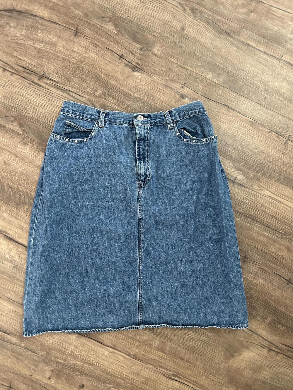 French Cuff Denim Skirt Womens 14 Blue Studded Pockets Knee Length Casual Cotton